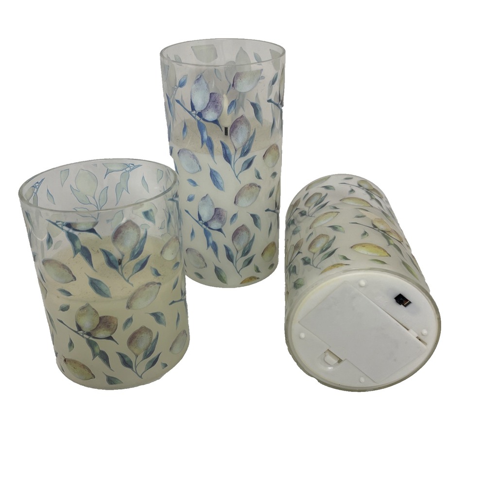 Set of 3 LED Flameless Candles Lemon Floral Design Frosted GlassBattery Operated